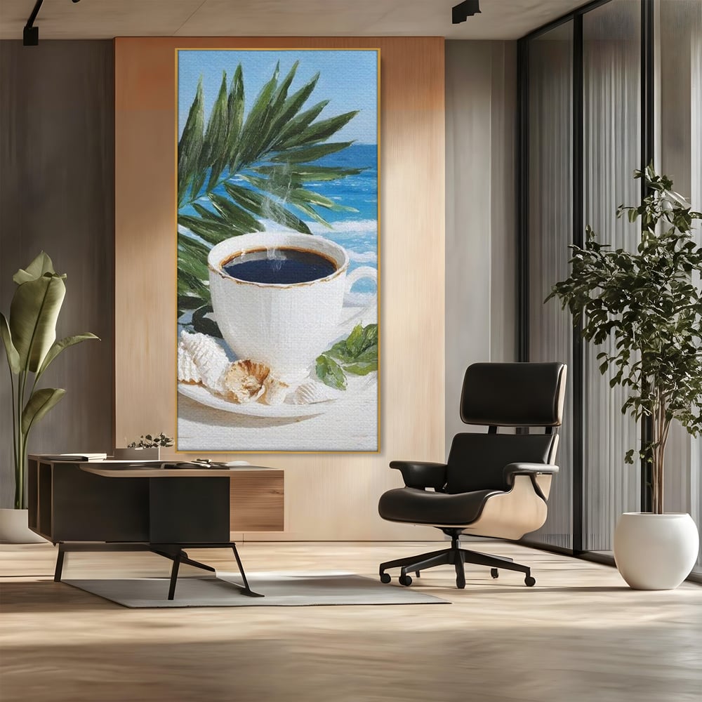 Tablou canvas cu tablou canvas cu ceasca de cafea pe plaja, in rama de aluminiu auriu, pe perete intr-un birou